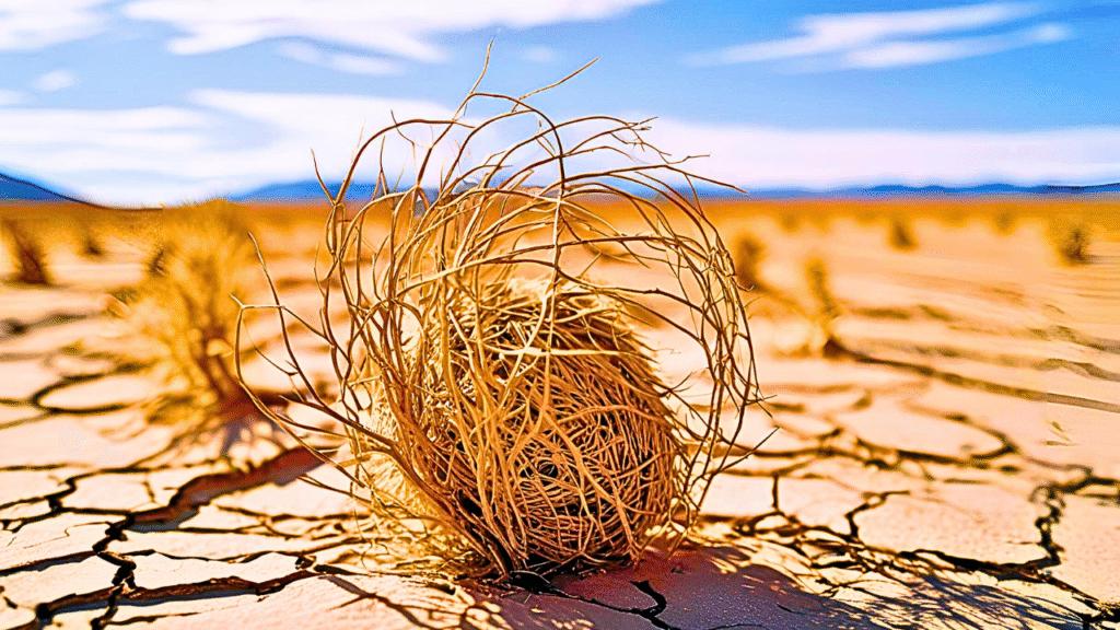 tumbleweed detaching from dry cracked earth